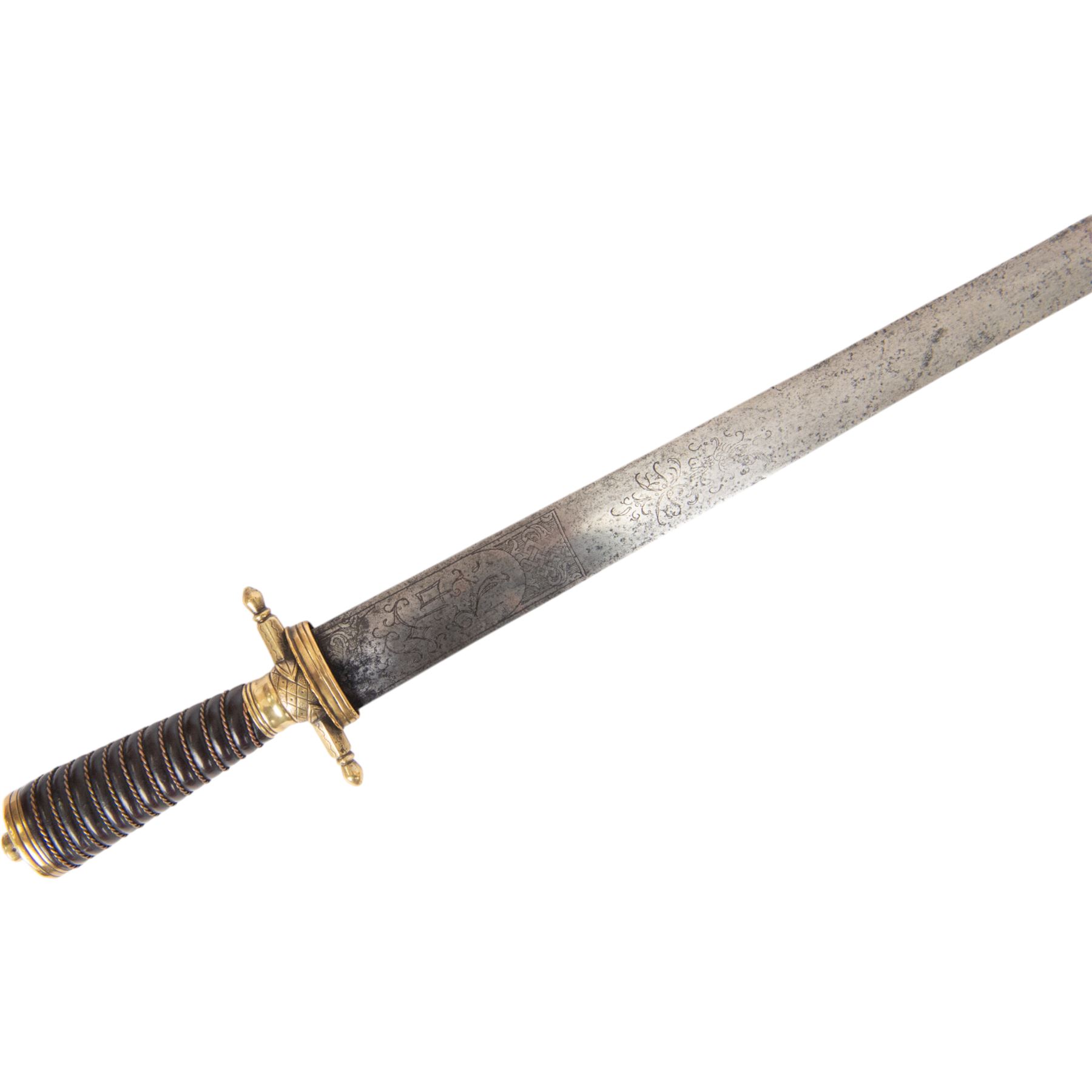 German hunting hanger, with 55cm double edged blade half etched on both sides with scrolling patters and bird, brass hilt with and leather handle with copper wire winding, overall L69cm 