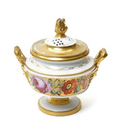 Pair of early 19th century potpourri, possibly Swansea, with twin gilt mascaron handles, the body painted with flowers on a gilt ground, spurious mark in red to base, H13cm  