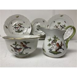 Herend of Hungary Rothschild bird pattern, part tea service, comprising two large teacups and saucers, two teacups and three saucers, milk jug, sugar bowl, five dessert plates and two side plates (18)