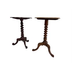 Victorian mahogany tripod table, shaped dished top on spiral turned column, three splayed supports (D49cm, H68cm); together with a Victorian mahogany tripod table with circular top (D47cm, H68cm)