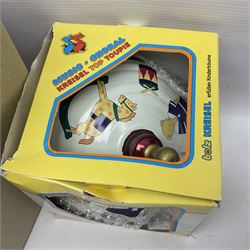 Twenty six tinplate models to include Ferris Wheel and Performing Circus Elephant, marked JW, further similar examples such as Duck on a Bike, Clown on Roller, Carousel; Popeye Tin Speedboat; Looney Tunes Wind Up Cars and Express Train; various international examples, MS107 Jumping Bambi, Pop Pop Boat, jumping frogs, pecking chickens etc; both boxed and loose