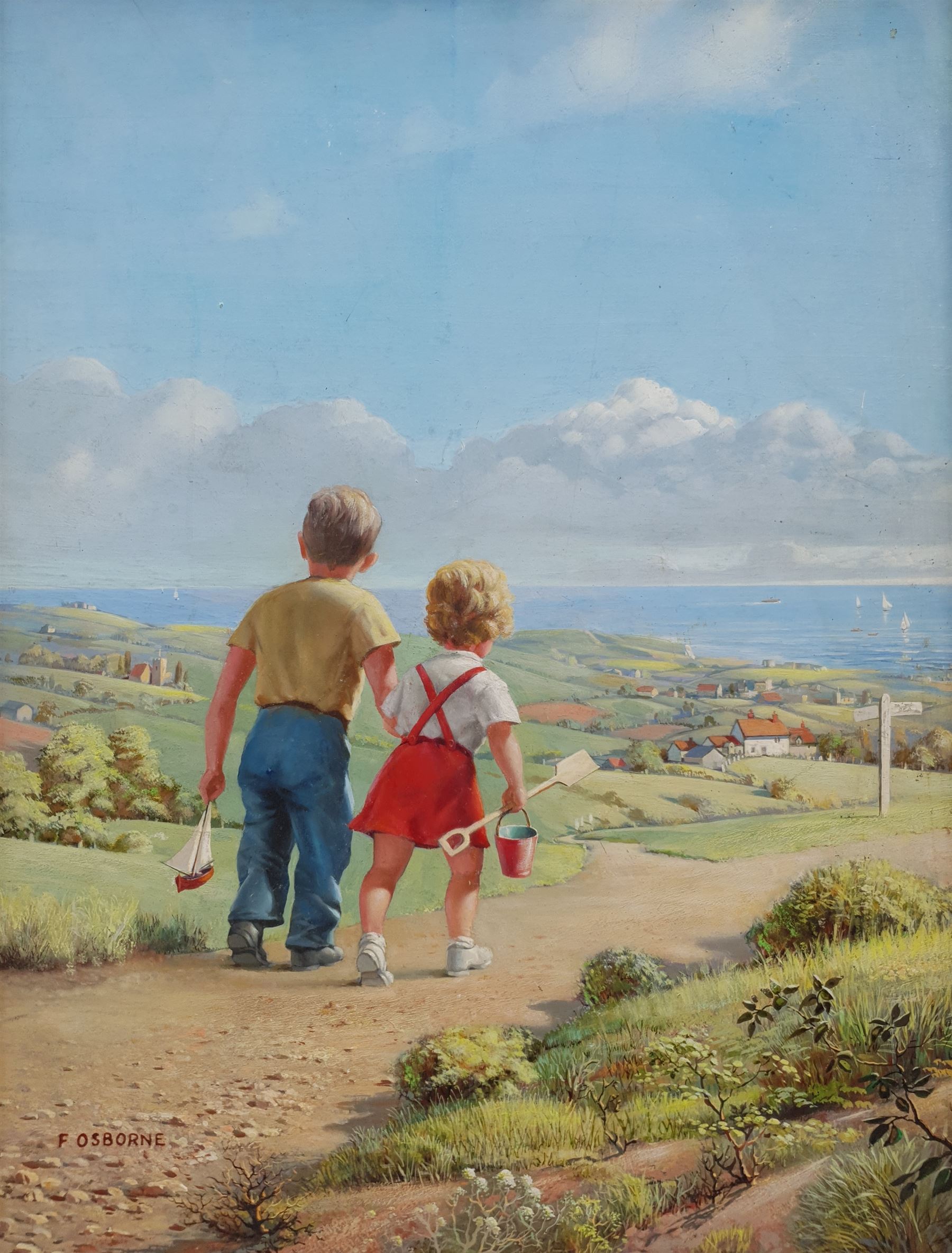 Frank Osborne (British 1885-1972): The Road to the Sea, gouache signed 38cm x 29cm 
Provenance: painted in 1964 and sold to the artist's agents A. Vivian Mansell & Co Ltd on 13th Feb 1964 for 30 guineas. 
Notes: Frank Osborne was a postcard and greeting card artist and illustrator who lived in Robin Hood's Bay. Little of his work has come on to the open market as the majority was sold with copyright. The present painting probably depicts a fictionalised landscape above Fylingthorpe, near Whitby. We are grateful for the artist's estate for their help in cataloguing this lot.