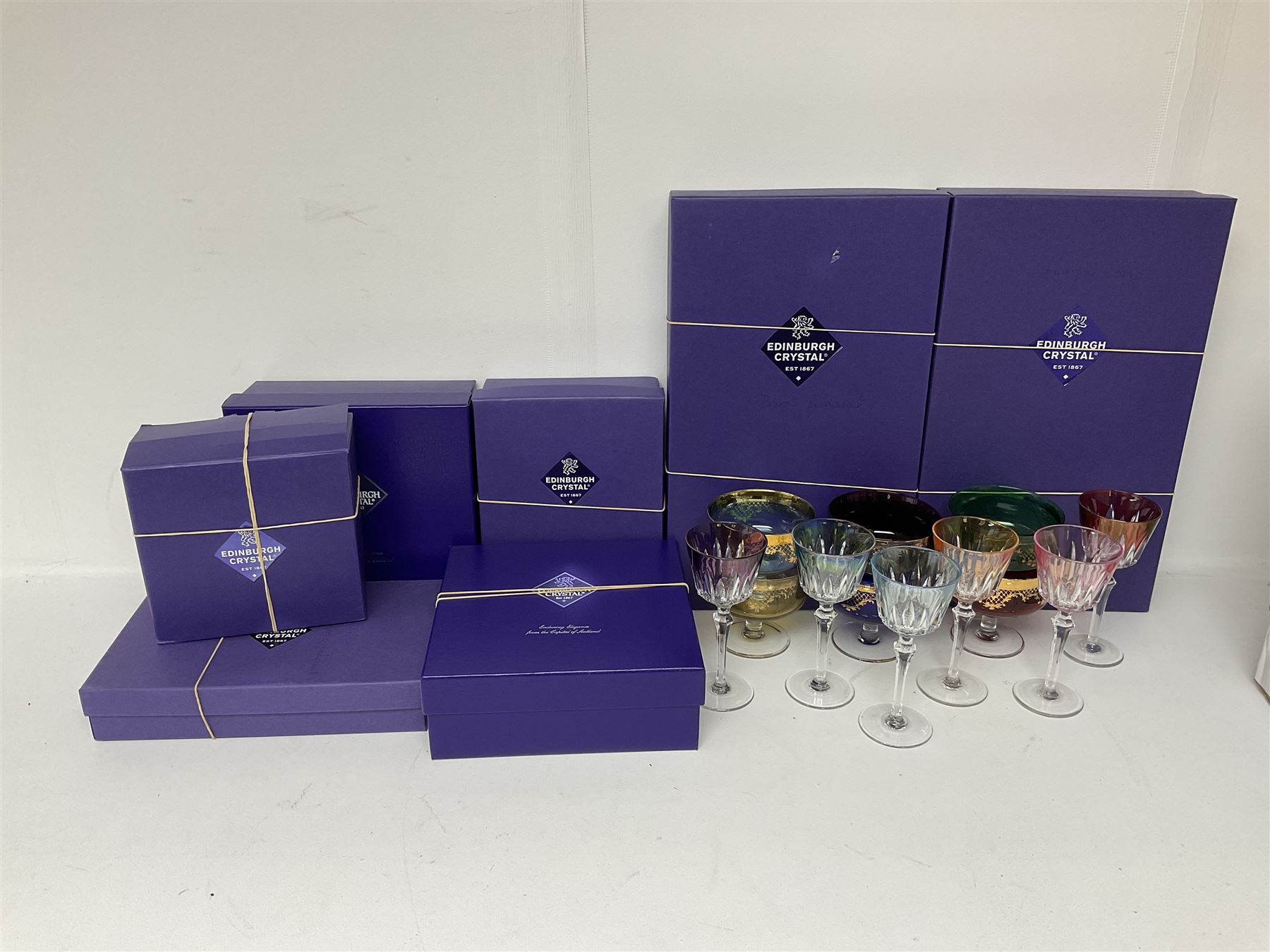 Set of six hock glasses with coloured bowls, together with set of six footed glass bowls of various colours, and large quantity of boxed Edinburgh Crystal glass ware