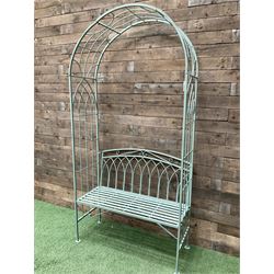 Regency design wrought metal arch and bench, decorated with arched gothic window design, strap seat and straight supports, in teal finish - THIS LOT IS TO BE COLLECTED BY APPOINTMENT FROM DUGGLEBY STORAGE, GREAT HILL, EASTFIELD, SCARBOROUGH, YO11 3TX