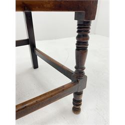 19th century country elm and yew wood armchair, the cresting rail with draught turned mounts over spindle turned back, down sweeping arms on turned supports, plank seat, turned supports joined by plain stretchers