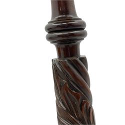 Mahogany rope twist jardiniere stand (H98cm); George III mahogany fold-over tea table (H75cm); occasional table with sectioned drawer (H72cm, W49cm, D37cm); upholstered stool (4)