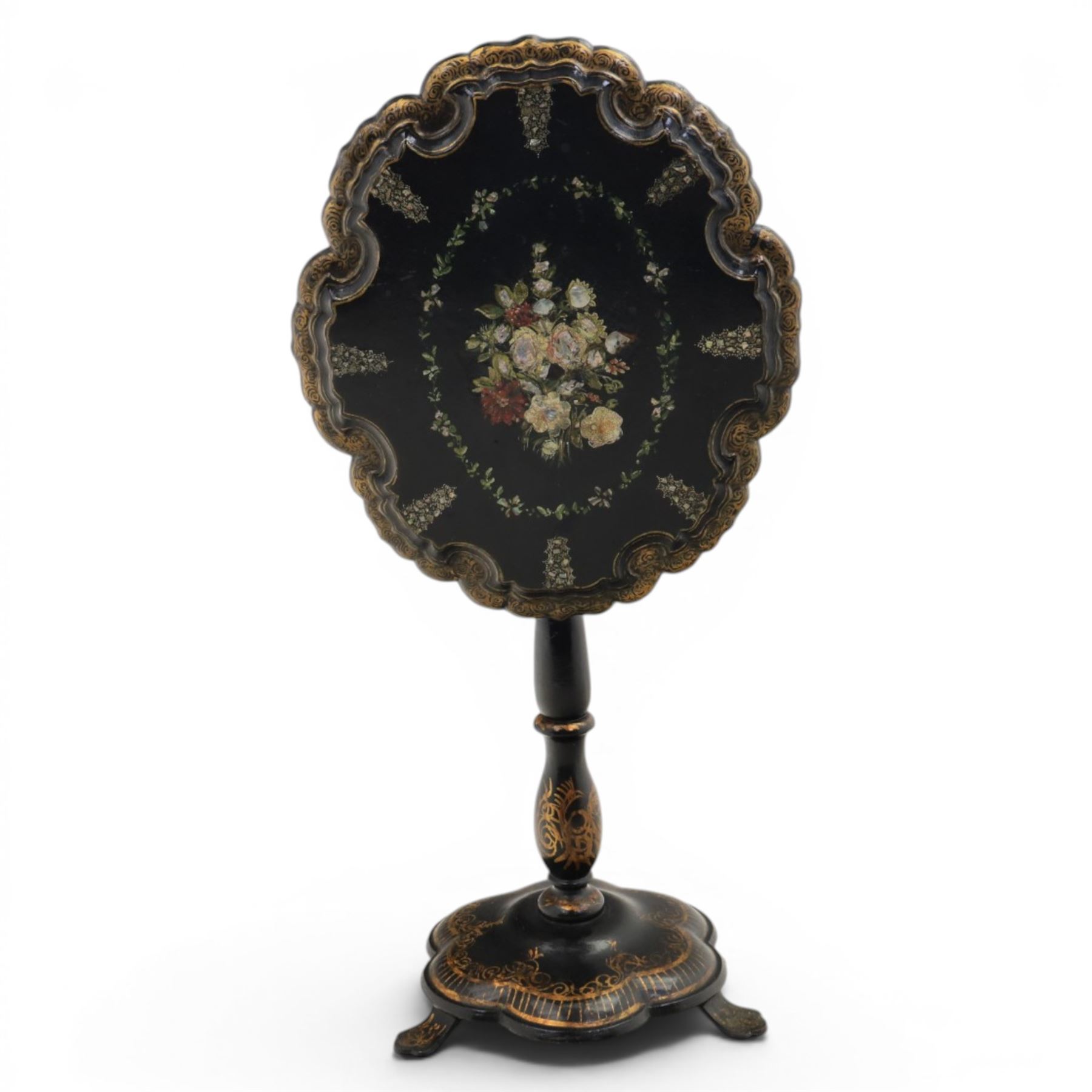 Victorian papier mache table, tilt top with painted decoration and mother of pearl inlay, raised on a baluster column shaped base terminating in pad feet