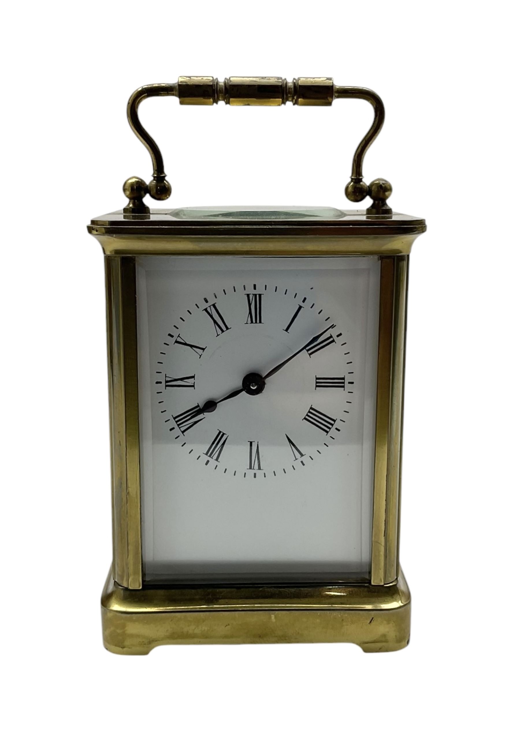 French-19th century timepiece carriage clock in brass corniche case with a cylinder platform escapement. With key. 