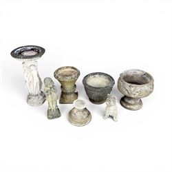 Collection of decorative cast stone garden pieces, comprising three graces bird bath, three urn planters, urn base, figure of girl and a Scottie dog (7)