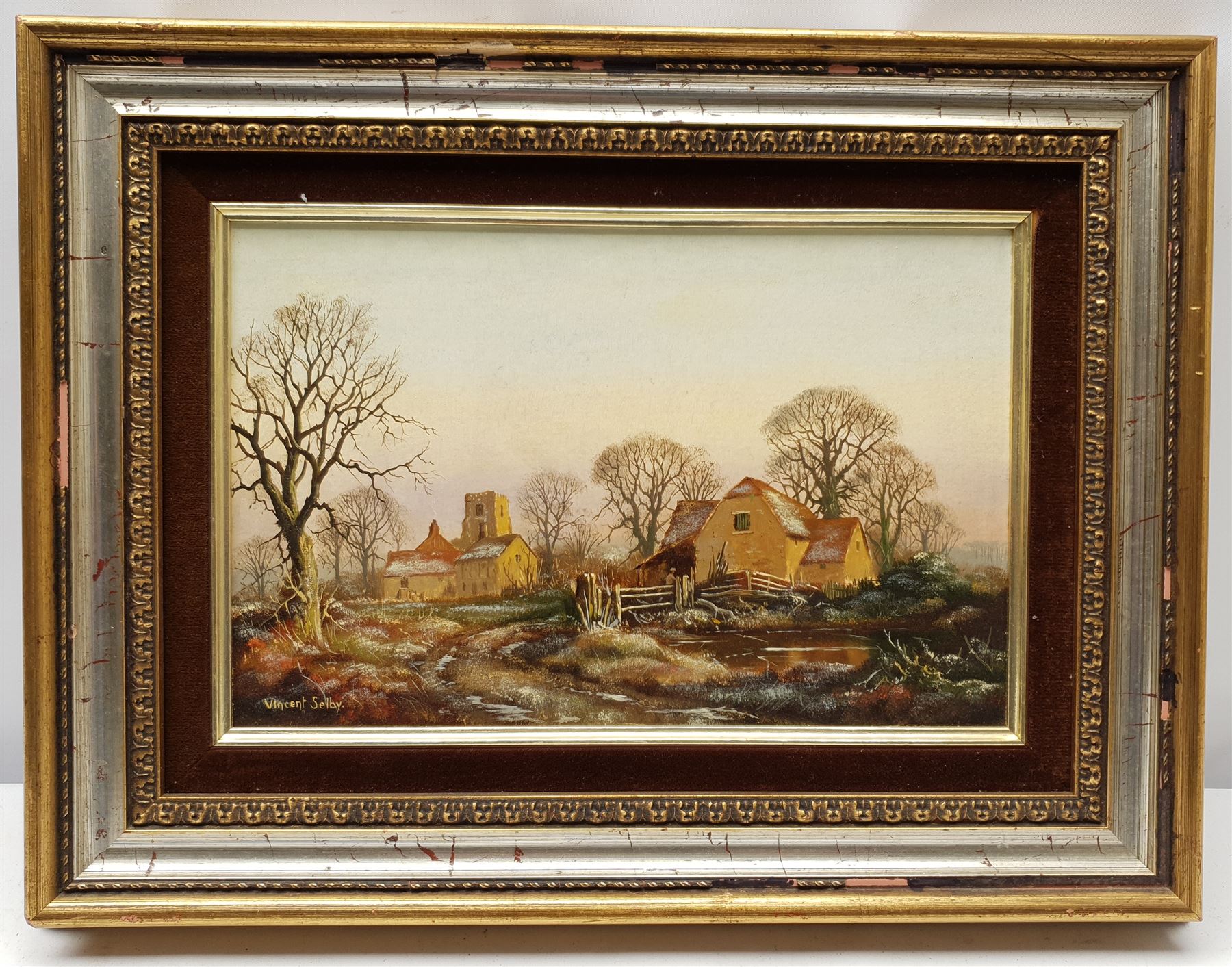 Vincent Selby (British 1919-2004): Village scene - Frosty Morning, oil on board signed 19cm x 29cm