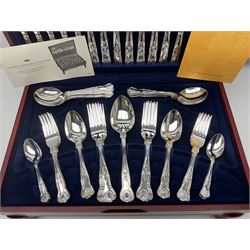 Viners Emassy canteen of Sheffield silver plated cutlery, 58 pieces, comprising eight table knives, dessert knives, dessert spoons, teaspoons, table forks, dessert forks, soup spoons, and two table spoons, housed in case with hinged lift up lid raised on four feet, L45cm