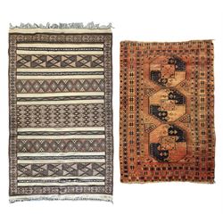 Turkish Kilim ground rug, the field with alternating horizontal bands of geometric patterns, bordered by repeating diamond motifs (145cm x 242cm); Turkish red ground rug, the field with three octagonal medallions (113cm x 172cm) (2)