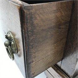 18th century oak dresser base, three drawers, shaped apron, cabriole legs on pad feet, W195cm, H80cm, D57cm