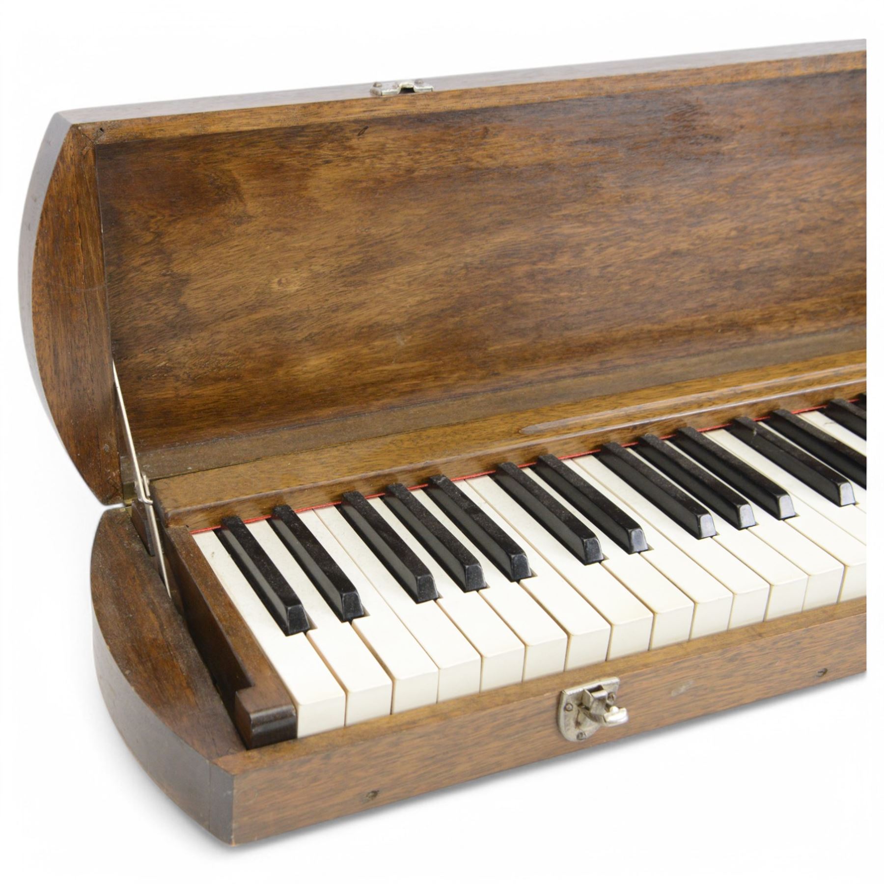 20th century-silent practice keyboard with a 5 octave compass C-C  (61 notes) with adjustable key weight adjustment, in an oak case. Possibly intended as an organists practise keyboard. 