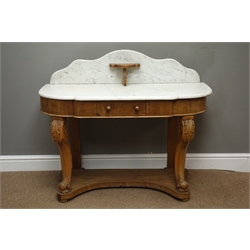  Victorian walnut shaped front washstand with marble top and splash back, single frieze drawer, scrolled supports with undertier, W108cm, H90cm, D44cm  