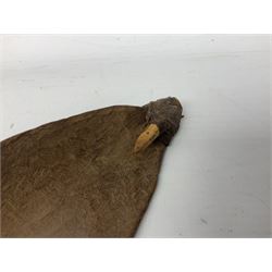 Australian Aboriginal shield, carved with Kangaroo and Emu, 74.5cm; Spear painted with aquatic creatures 78cm, and Spear thrower 81cm (3)