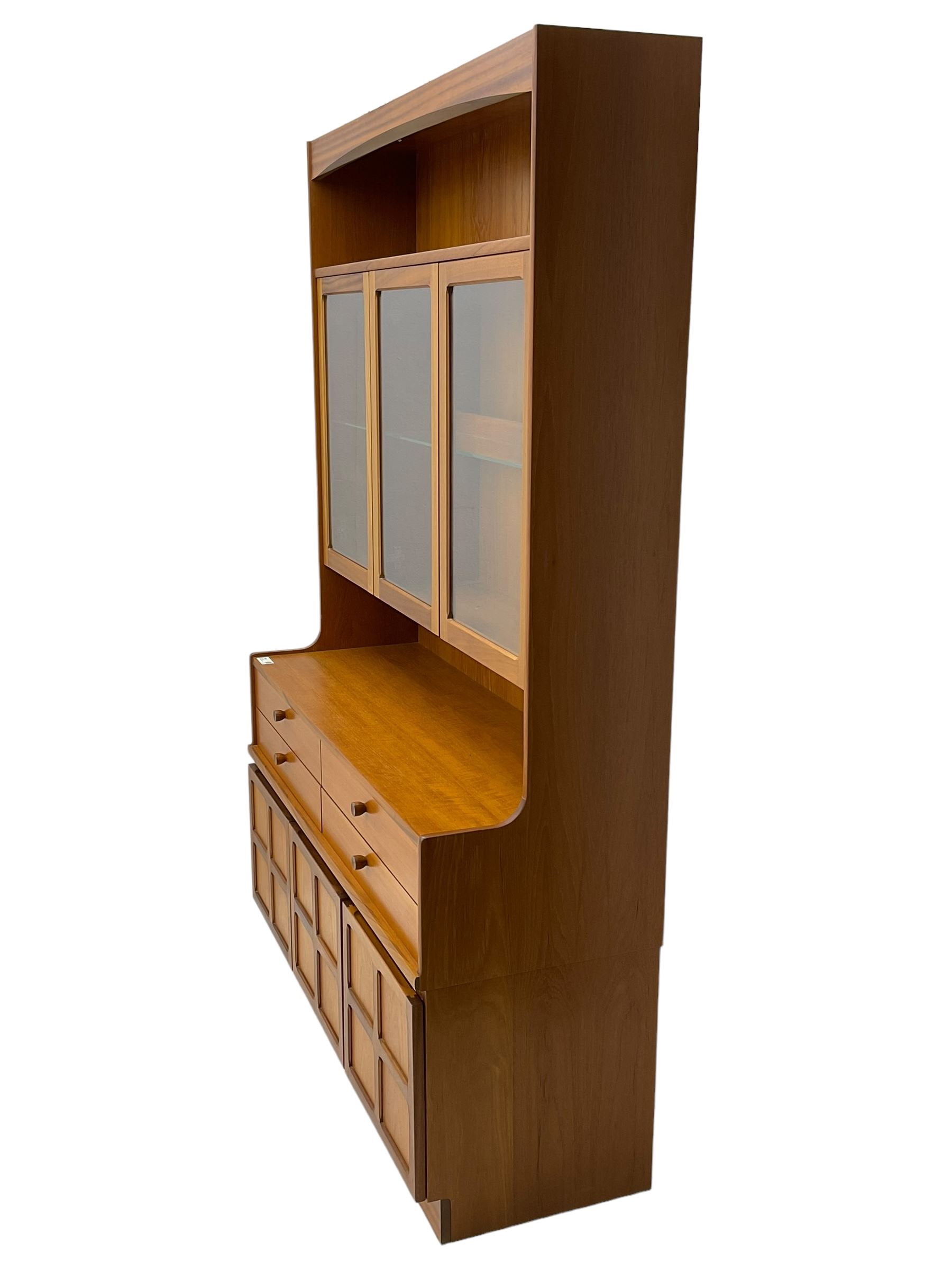 Nathan - teak wall display cabinet, enclosed by three glazed doors, fitted with four drawers and three cupboards 