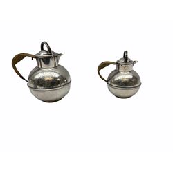 Group of silver plate and pewter, largely comprising tea wares, to include silver plated caddy, of tapering rectangular form, the front with Aesthetic movement style panel depicting birds, upon four bun feet, teapots of various form, a number with planished/hammered decoration, twin handled sucrier, cream jug, pair of planished pewter sifters, etc. 