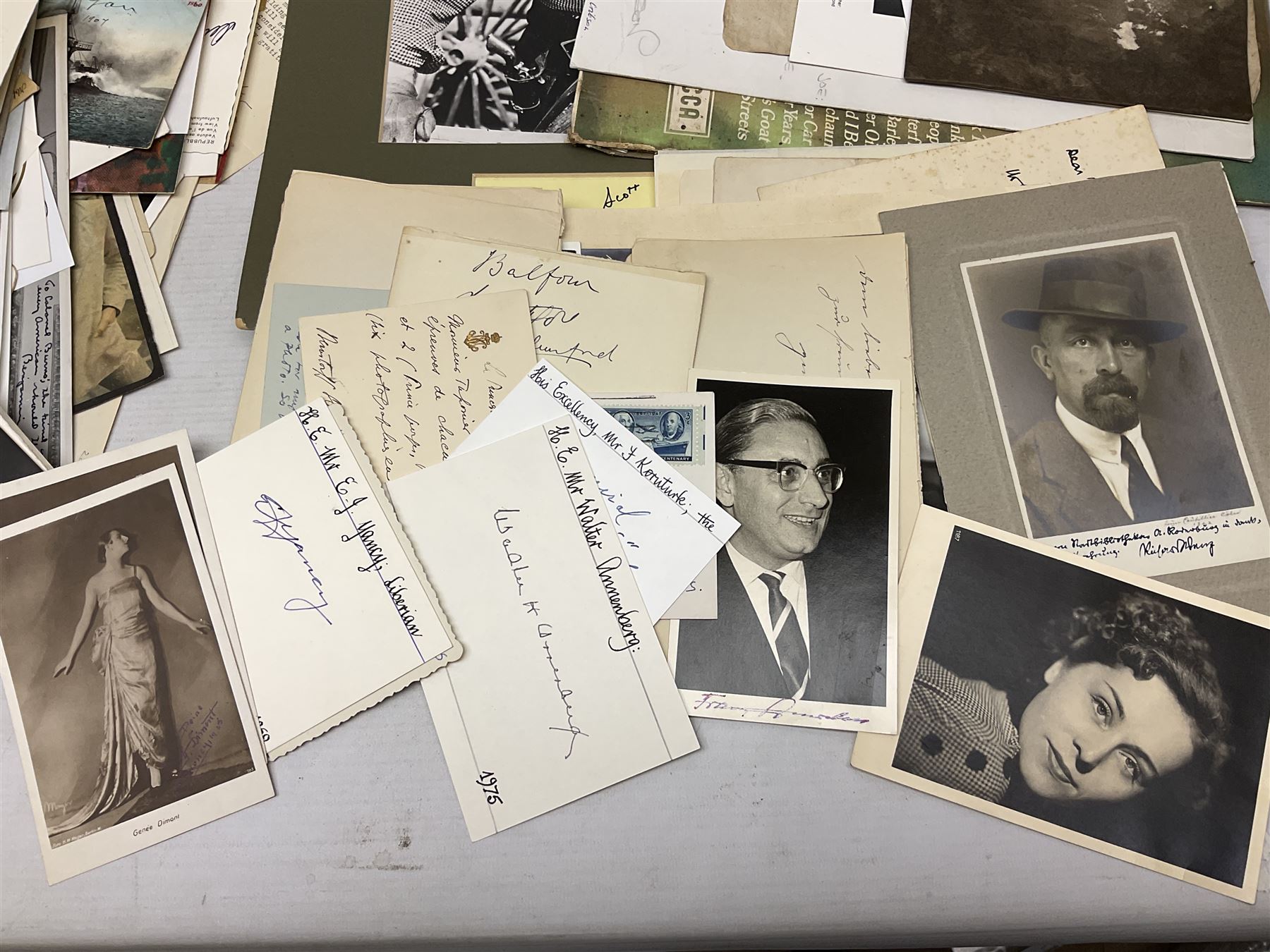 Over five-hundred and fifty autographs and signatures on cards, letters, posters, a book, photographs etc including Jefferson Davis, Lyndon B. Johnson, Orson Welles, Mary Pickford, Mickey Rooney, Peter O'Toole, Julie Andrews, Debbie Reynolds, Diana Dors, Alain Delon, Christiaan Barnard, Monica Lewinsky, Clifford Bax, Dom Mintoff, Pierre Trudeau, Margaret Truman, Marie Stopes, Havelock Ellis, Alfred Piccaver, Elisabeth Schumann, James Doolittle, Will Hays, Jesse Lasky, Billie Whitelaw, Megan Lloyd George, Leni Riefenstahl, Princess Anne & Captain Mark Phillips, Princess Alexandra of Kent & Angus Ogilvy, Prince & Princess Michael of Kent, Laurence Olivier, Leslie Caron, Lillian Hellman, Roddy Doyle, Max Mosley, Charlton Heston, Jerry Lewis, Jeremy Brett, Tallulah Bankhead, Russell Braddon, Marc Chagall, Roy Jenkins, Beatrice Webb, Olave Baden-Powell, Samuel Hoare, Leslie Hore-Belisha, Amelita Galli-Curci, Joan Miro, Tony Blair, Beryl Cook, Giles etc