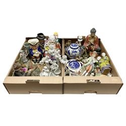 Collection of ceramics to include Royal Doulton Winston Churchill toby jug, Capodimonte style figures, novelty brandy decanter etc, in two boxes