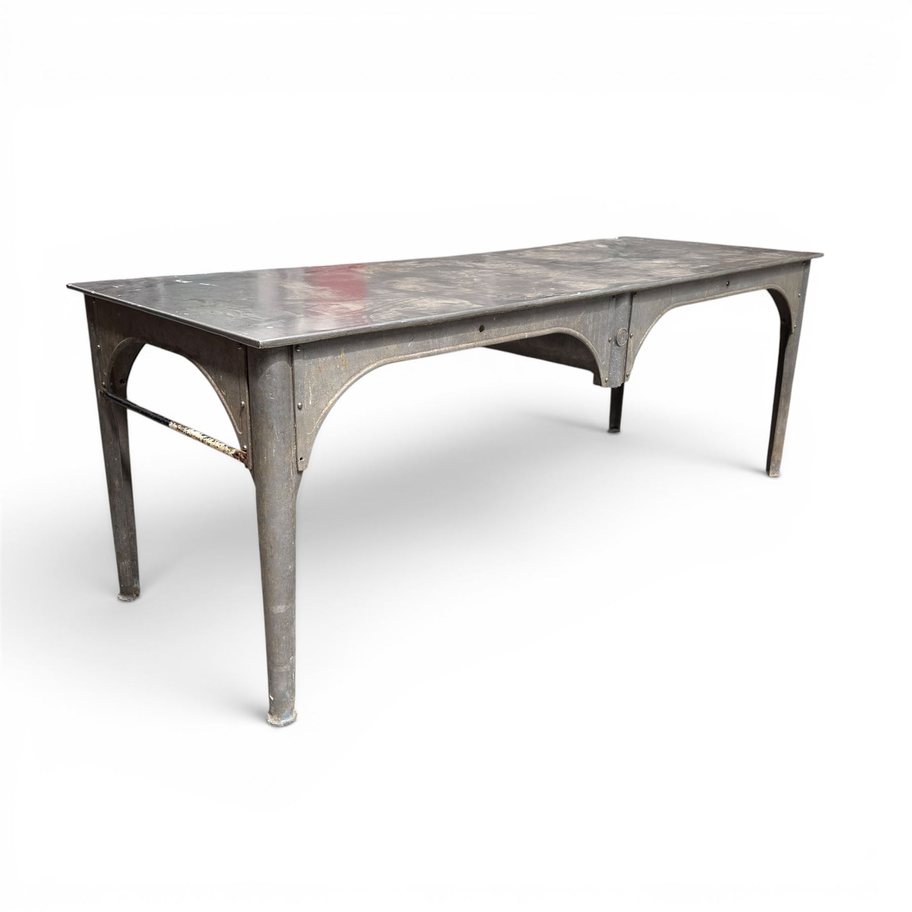 Large galvanised steel industrial or work table, rectangular top over tapering supports, stamped APVO