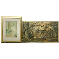 English School (Early 20th century): Squirrels on Woodland Path, watercolour unsigned 24cm x 17cm; English School (Mid 20th century): Woodland Pond, watercolour unsigned 31cm x 55cm