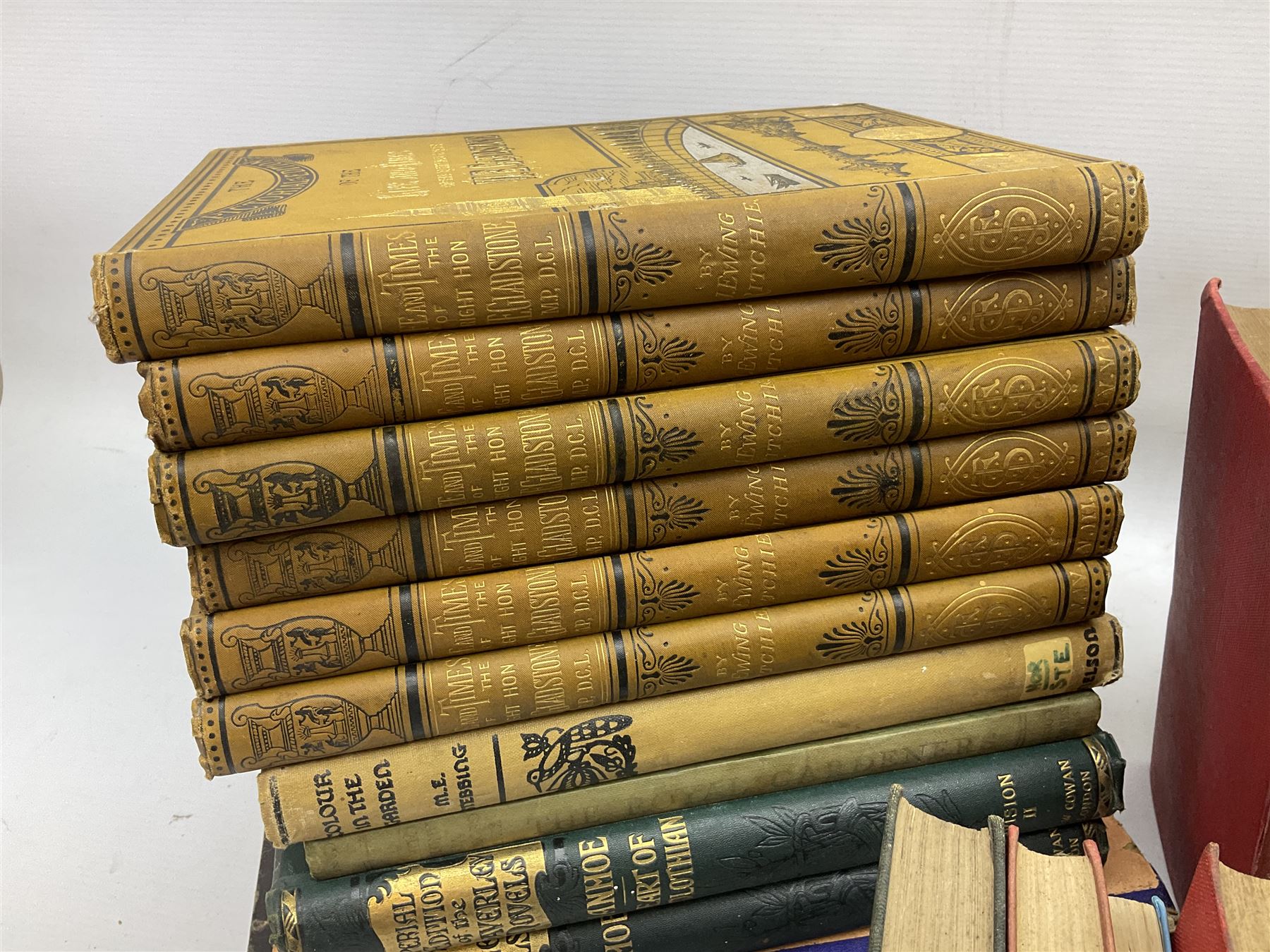 Richie, Ewing J; The Life and Times of W.E Gladstone by J Ewing Ritchie, six volumes, Walter Scott, B; The Imperial edition of the Waverley Novels, two volumes, Stebbing M.E; colour of the Garden and other books, in two boxes
