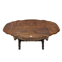 Victorian figured mahogany stretcher table, shaped and moulded drop leaf top over two drawers, on quadruple pillar supports, shaped and moulded feet joined by turned stretcher