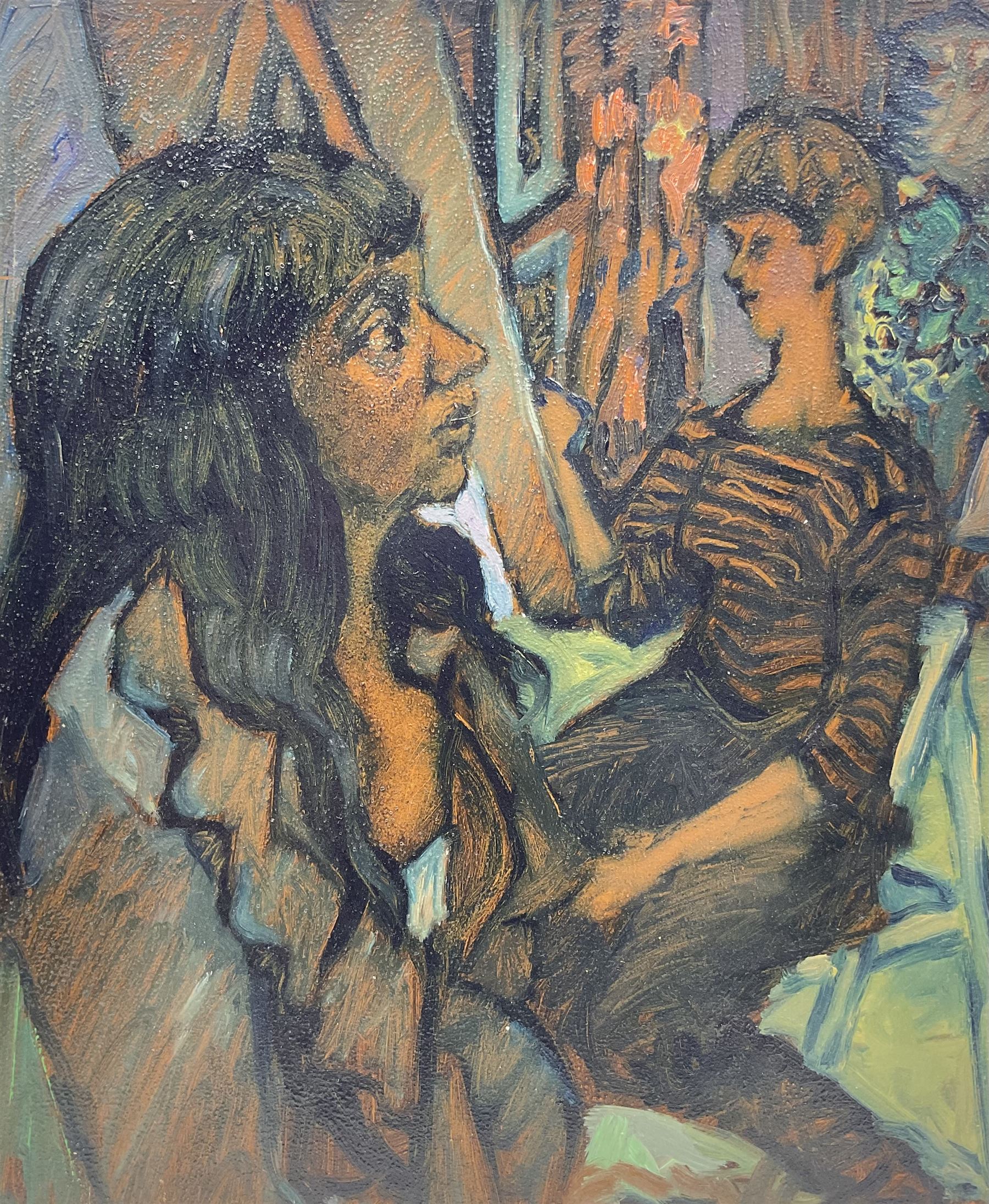 Raymond Arthur Roadnight (British 1941-): Two Ladies, oil on board unsigned 54cm x 45cm  
Provenance: the artist's studio collection. Born in High Wycombe, Roadnight spent three years training under Patrick Reyntiens and John Piper creating stained glass windows for Liverpool and Coventry cathedrals. These works included the great baptistry window in the New Coventry Cathedral, the 'Lantern' atop the Catholic Cathedral in Liverpool, and the grand windows in Oundle School Chapel. He has exhited at Royal Academy, Alfred East Gallery, Chichele College in Higham Ferriers, and Burleighfield House in Loudwater.