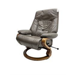 Himolla - reclining swivel armchair, upholstered in grey leather, with foldout foot rest 