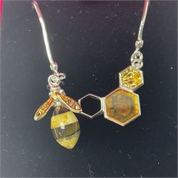 Silver amber bee honeycomb necklace, stamped 925