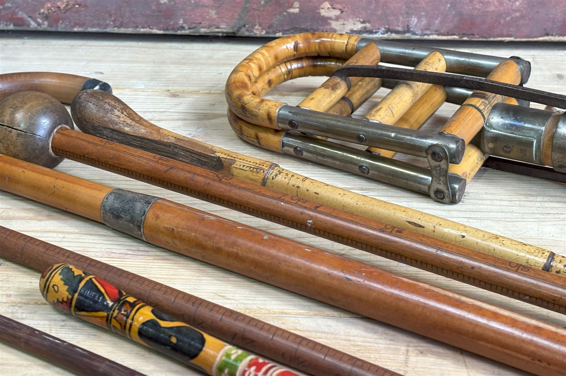 Edwardian bamboo shooting stick (L87cm) together with two a silver mounted Malacca cain, (L88cm) two measuring sticks, etc (8) - COLLECTION BY APPOINTMENT FROM: The White House, Thirsk Road, Easingwold, York, YO61 3NF - CALL 01723 507111 TO ARRANGE
