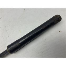 Early 20th century British Army Officer’s leather covered swagger / sword stick by Swaine & Adeney of 185 Piccadilly London; 34.5cm double edged spear point blade with etched foliate decoration and retailer’s details; stamped 'Forged in London' to the edge of the ricasso; L59.5cm overall