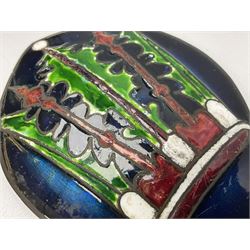 Henry George Murphy (1884-1939), Arts & Crafts enamel panel, of bulbous elliptical form decorated with a stylised crown in green, red and white, upon a dark blue toned ground, H12cm W9cm
