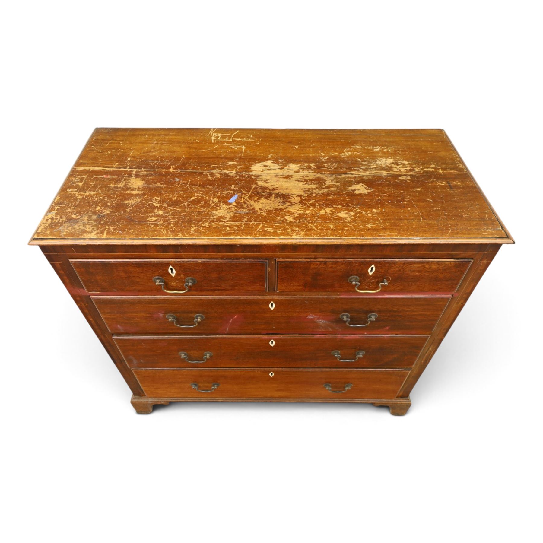 18th century oak chest, fitted with two short and three long graduating drawers, bone escutcheons and brass swan neck handles, bracket feet