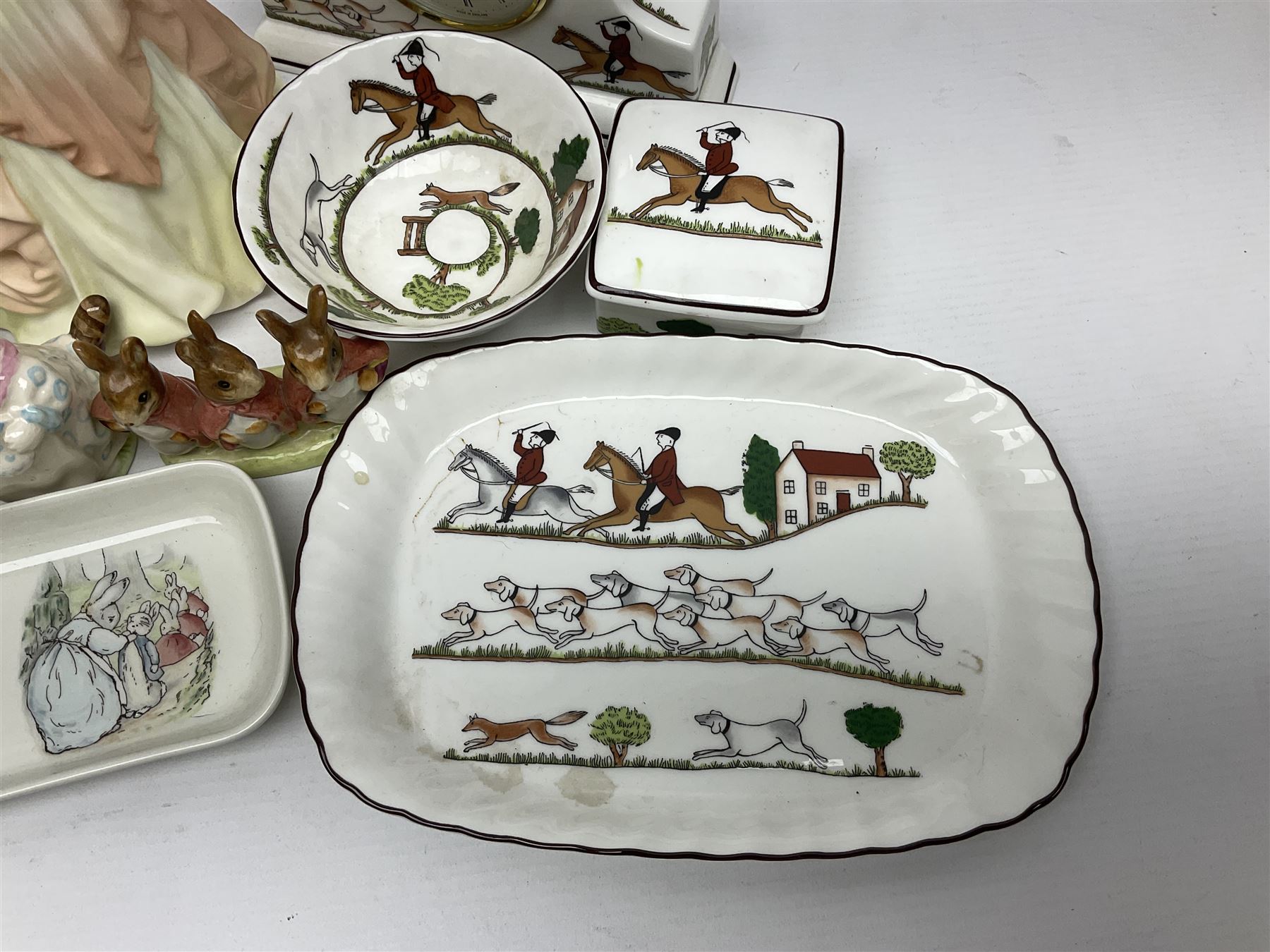 Collection of ceramics including Wedgwood Hunting Scenes clock, trinket box and other items, Coalport Karen and Beatrix potter figures and dish 