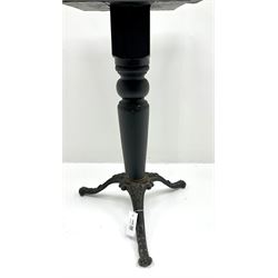 Square tile top table, turned wooden column on cast iron tripod base