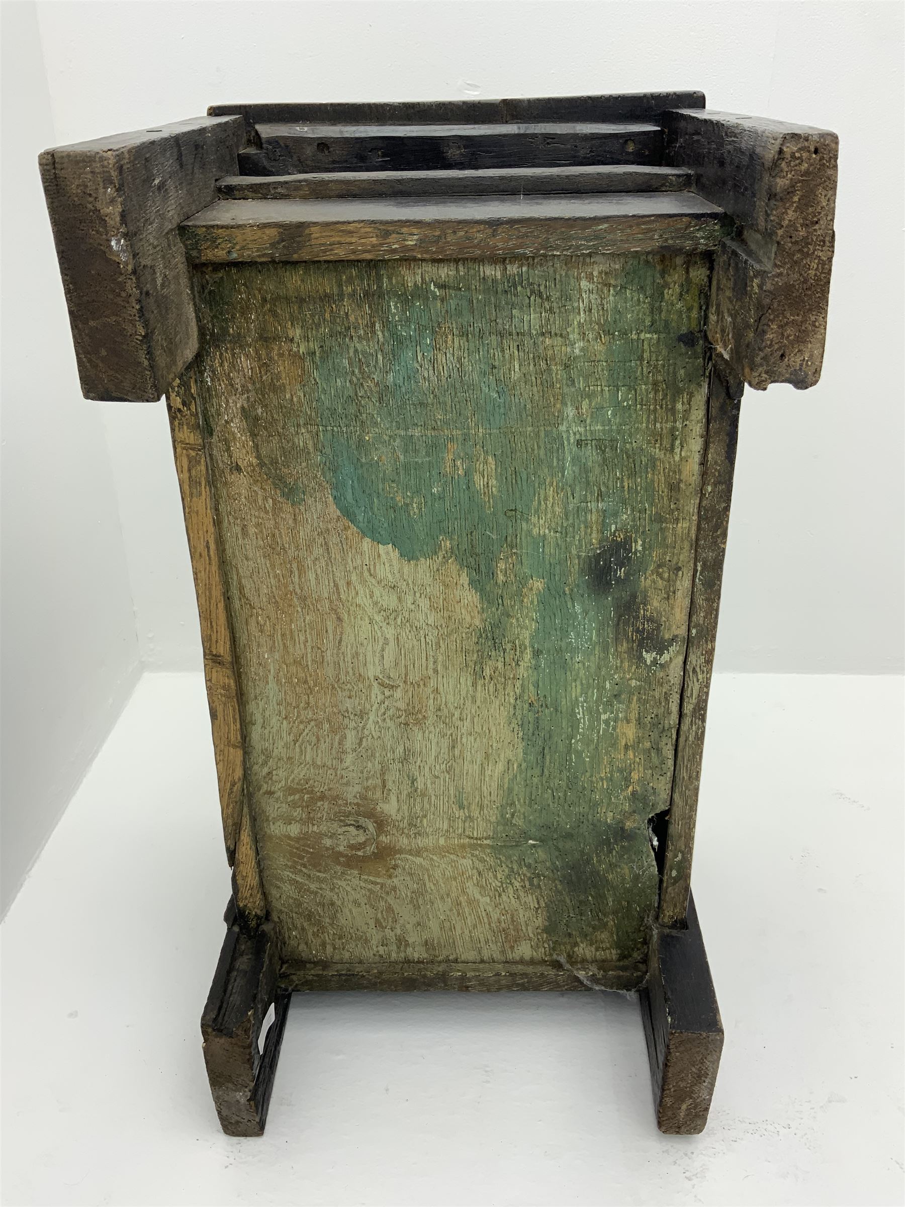 17th century vernacular oak boarded and joined clamp-front coffer or ark chest, enclosed by hinge lid, vertical stile supports