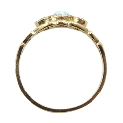 9ct gold three stone opal and peridot ring, hallmarked