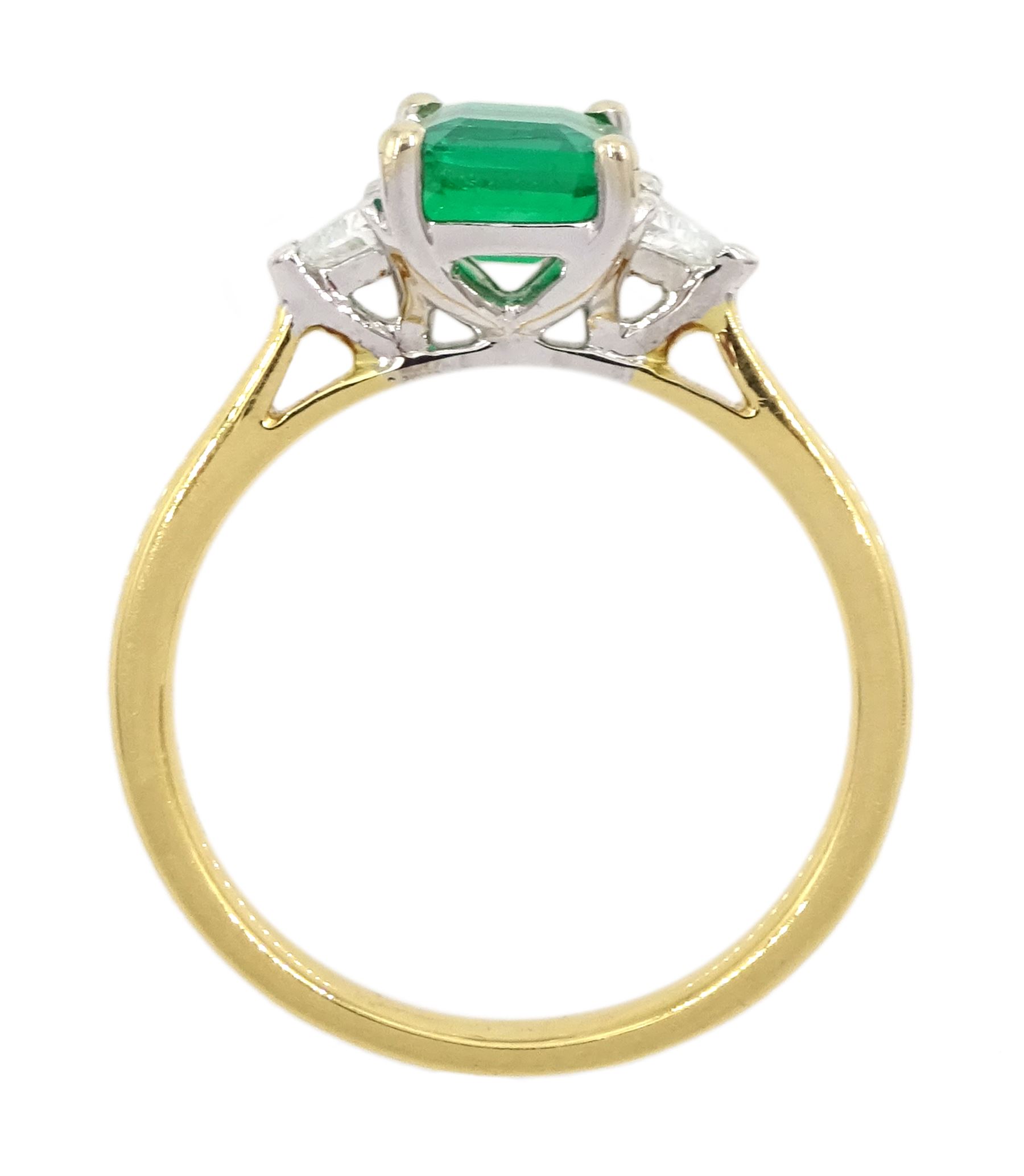 18ct gold three stone square cut emerald and trillion cut diamond ring, hallmarked, emerald approx 0.75 carat