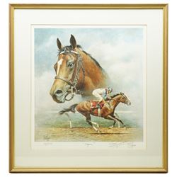 Sue Wingate (British 1947-2016): 'Shergar' with Walter Swinburn, pencil sketch signed titled and dated 1998, 37cm x 51cm; together with a print of 'Cigar' after Fred Stone, signed in pencil, 46cm x 44cm (2)
