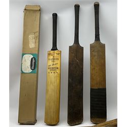 Cricket bat with Bob Simpson autograph, together with B Warsop Hendren autographed bat, another bat and six stumps and bales