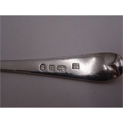 Two sets of six George III silver teaspoons, both with bright cut decoration and engraved initials, the first set hallmarked John Lambe, London 1785 and the second set hallmarked Duncan Urquhart & Naphtali Hart, London 1805