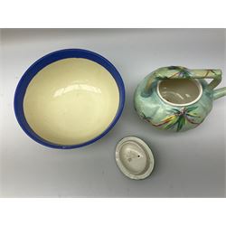 Clarice Cliff for Newport Pottery Delicia pattern bowl, D20cm, Victorian Wedgwood oval tea pot retailed by Goode & Co and in the Bamboo pattern and three other items
