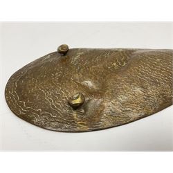 Bergman Art Nouveau bronze dish, of naturalistic shell form upon four shell feet, the centre decorated in relief with a mermaid amongst fish and sea horses, with Bergman mark and impressed Geschutzt 5070 beneath, L36cm