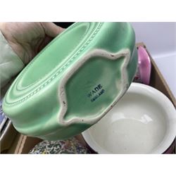 Blue and white meat platter and a similar blue and white meat draining plate, together with a pink ceramic floral jug and bowl, three packs of church candles and a wooden screen, etc 