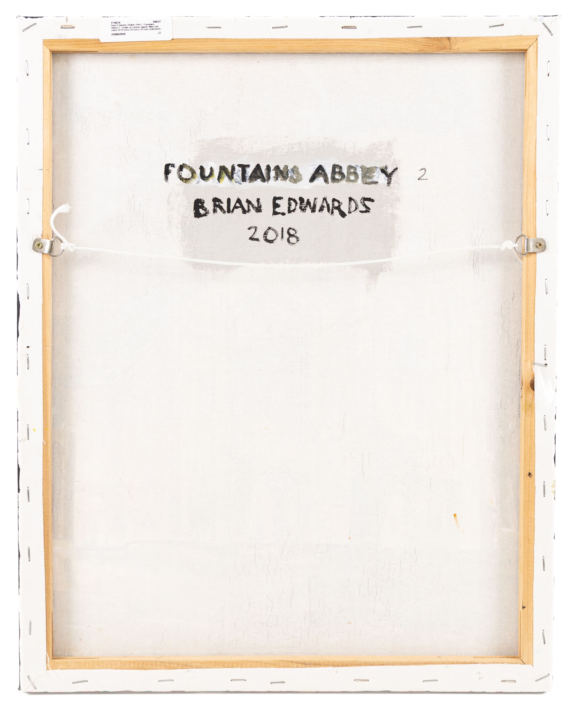 Brian Edwards (British 1944-): 'Fountains Abbey 2', acrylic on canvas signed, titled and dated 2018 verso 50.5cm x 40.5cm (unframed)
Notes: Dr Brian Edwards is Emeritus Professor of Architecture at ECA Edinburgh University. He is the author of the book ‘Understanding Architecture through Drawing’, has exhibited at the Edinburgh Festival, the RSA and architecture section of the RA Summer Exhibition. As a retired architect, his paintings explore the interface between art and architecture