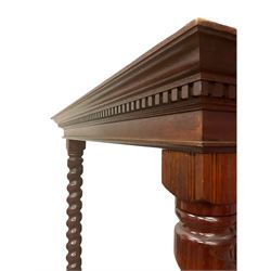 17th century style walnut 5' four poster bed, fielded panels, barley twist end posts, dentil cornice