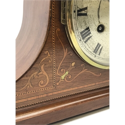 Early 20th century mahogany cased mantle clock, inlaid with chequered stringing, satinwood band and scrolled foliate, silvered Roman dial, twin train movement striking the hours and half on coil, W41cm (with pendulum)