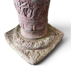 Weathered cast stone sundial, shaped top with metal dial, patterned column